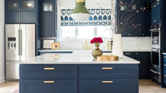 Cabinet paint: Noir Pratt and Lambert. Pendant: Urban Electric. Shade: Schumacher – Ikat Indigo. Plumbing: Heatwave Supply. Photo: Kacey Gilpin