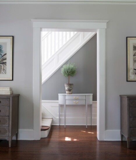 Near wall color: Revere Pewter. Far wall: Chelsea Gray. Trim: Decorators White.