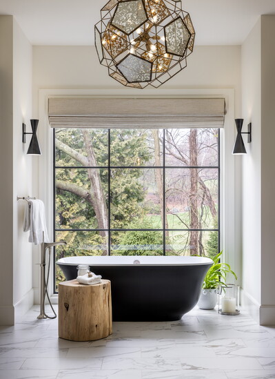 A stunning master bathroom for a new custom home in Bloomfield Hills along the Rouge River at Cranbrook.