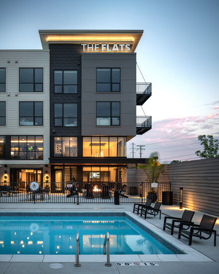 A view of the clubhouse that opens to the pool deck at the Flats at Iron Ridge, a new multi-family development in Ferndale. 