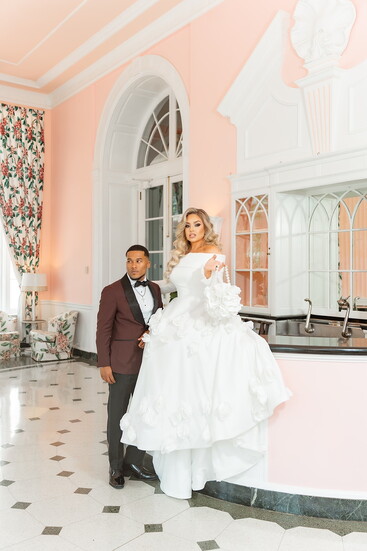 Photo by Chris Hiltz @tlicmedia Location- The Greenbrier Resort  Dress & Bag- Milla Nova  Tuxedo- Custom Suit Supply 