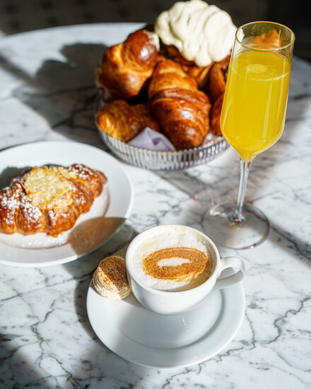 Cappuccino, mimosa, Grand Panier du Boulanger at La Belle Helene