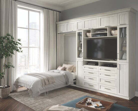 An entertainment cabinet opens to a pull-out Murphy bed.