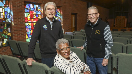L to R: Earl Crossland, Rev. Paula Stewart + Larry Plum at Gaines UMC.