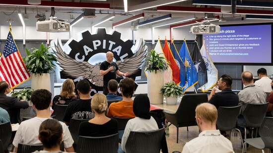 Baer speaks to entrepreneurs at a Capital Factory.