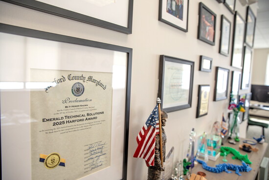 Awards and certificates at Emerald Technical Solutions/Defense Interns. Photo Credit: Kerry Paradis Photography
