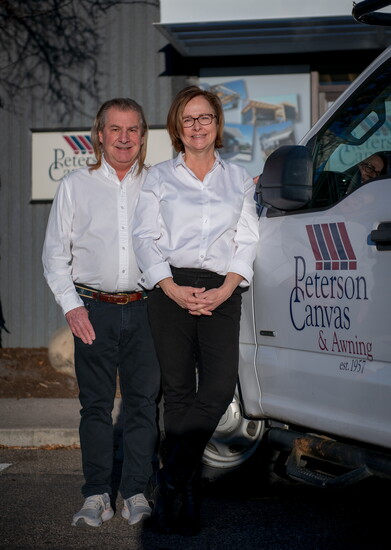 Owners Gilles Arnaud and Natalia Crofut, leading Peterson Canvas & Awning with decades of experience and a shared commitment to quality and thoughtful design.