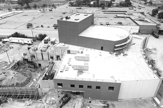 Months into construction, an aerial view shows the Center emerging as a fully articulated complex.