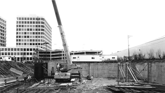 The unfinished exterior of the North Shore Center during construction.