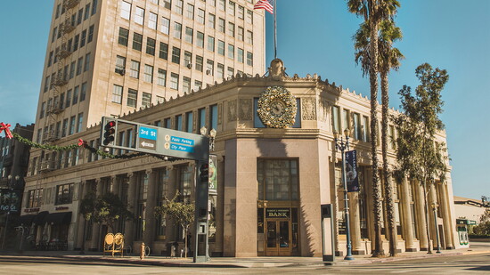 The main office of Farmers & Merchants Bank, located at 302 Pine Ave.
