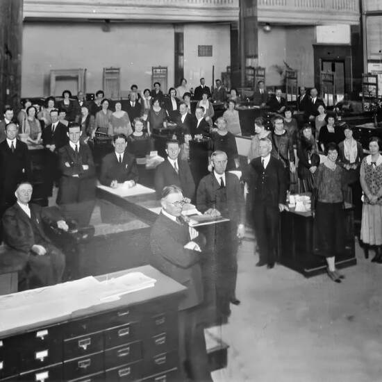 Opening day at the main office building on 3rd and Pine.