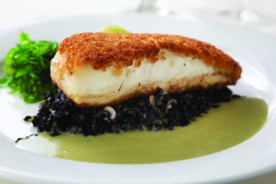 Panko crusted halibut, black forbidden rice, baby bok choy, and wasabi sake sauce