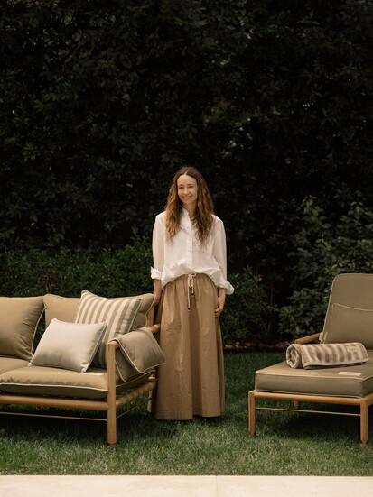 Jenni Kayne with pieces from her new Business & Pleasure Co. collaboration