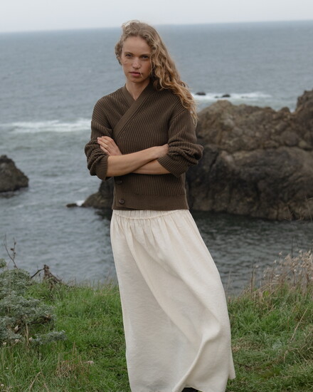 A model in Jenni Kayne’s cropped cotton Cocoon cardigan. Photography by Angi Welsh