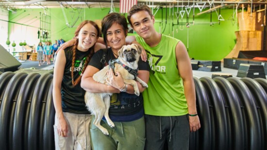 Luna, Linda, Leo with Dudley the gym mascot
