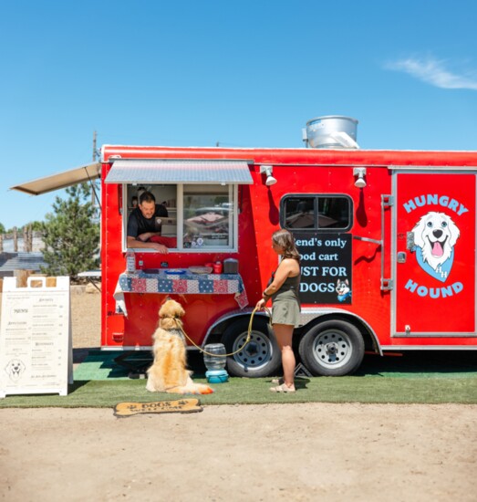 Buoy, a five-year-old Golden Retriever, visits the Hungry Hound food cart with his owner, McKenna Speakman. 