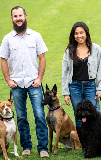 South Bay Animal Connection founders Shawn Harkins and Charleen Meyer pictured with therapy dogs Layla, Halona, and Dakota.