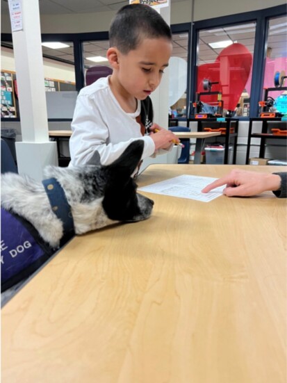 A student working at a table with a Caring Canine therapy dog.