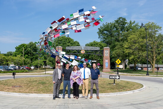 CCPL Director Bob Sway, artist Jason Klimoski, Mayor Sue Finkam, Carmel Director of Engineering Bradley Pease and CRC Executive Director Henry Mestetsky  