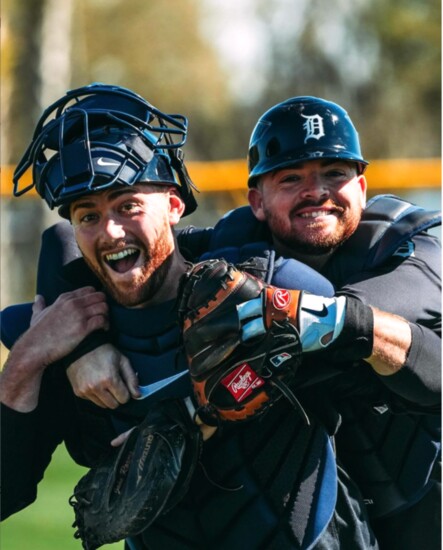 Happy campers Kelly with Tigers catcher Jake Rogers in Lakeland, Fla.