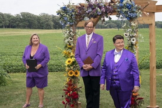 Bridget Everett, Jeff Hiller, and Murray Hill on the set of 'Somebody, Somewhere.' Photo courtesy HBO.