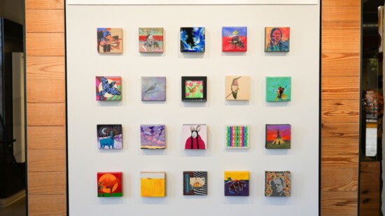 Gallery wall showcasing 20 of the 5x5 art pieces on exhibition and for sale 