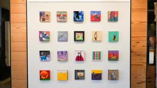 Gallery wall showcasing 20 of the 5x5 art pieces on exhibition and for sale
