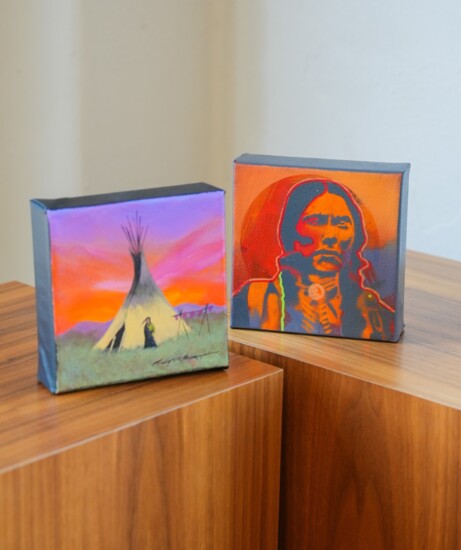 Left: One Man's Castle by Timothy Nevaquaya (Comanche); Right: Quanah/Orange, by Nocona Burgess (Comanche)