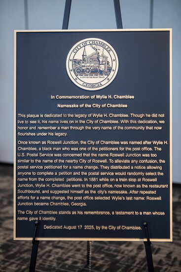 This plaque commemorates Wylie H. Chamblee, the city's namesake.