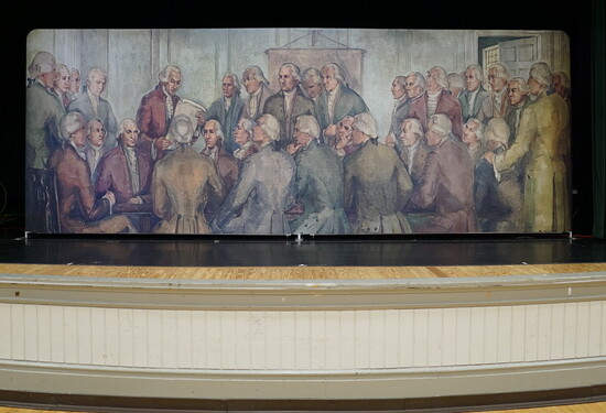 Reproduction of the Bush Declaration mural, painted by Marion Ewald in 1934, showing the thirty-four Bush Declaration signers. Photo Credit: Nathan Rhodes