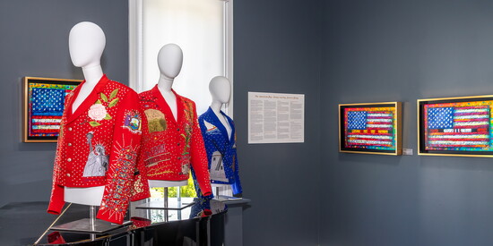 Jackets by Manuel Cuevas and paintings by Tim Yanke strike a stylish patriotic theme.