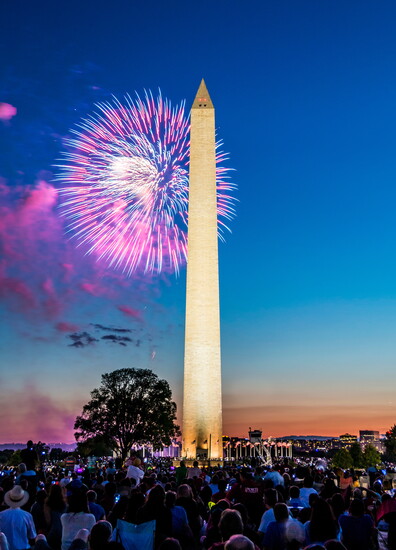 Fireworks on the National Mall in front of the Washington Memorial in Washington DC.