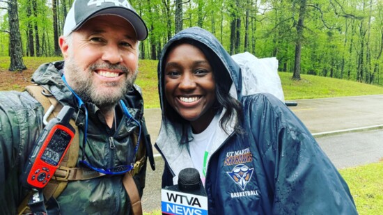 Brad Meshell pauses for a local TV interview along the Natchez Trace Parkway in Tupelo, Mississippi.