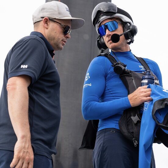 American Magic COO, Tyson Lamond, and Paul Goodison, helm, prepare for training in Barcelona.