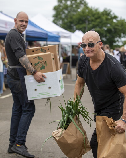 Chef Brian Lewis with Chef Christian Wilki at the Westport Farmer's Market. 