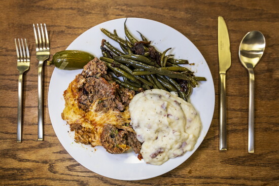 Rick’s Cheesy Rotel Meatloaf with Green Beans & Mashed Potatoes