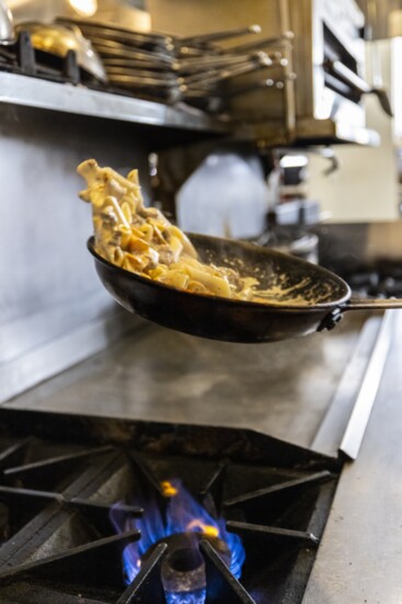 Penne with Local Squash and Sausage in process