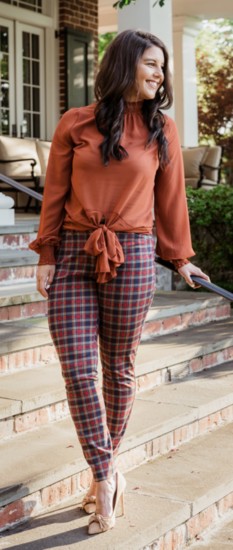 Miss Southern blogger Kristen Ray is wearing a chiffon top and high-waisted pants from Express, Steve Madden shoes and Argento Vivo earrings from Nordstrom.