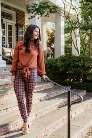 Miss Southern blogger Kristen Ray is wearing a chiffon top and high-waisted pants from Express, Steve Madden shoes and Argento Vivo earrings from Nordstrom.