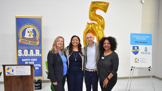 Celebrating 50 washer and dryer sets donated to Clean Clothes for Kids - L to R: Dr. Brit Sikes, Dr. Adrienne Battle, Christiane Buggs, Blake McDaniel