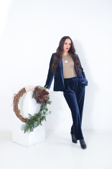 Deep blue textured velour blazer and matching pant from Molly Bracken.