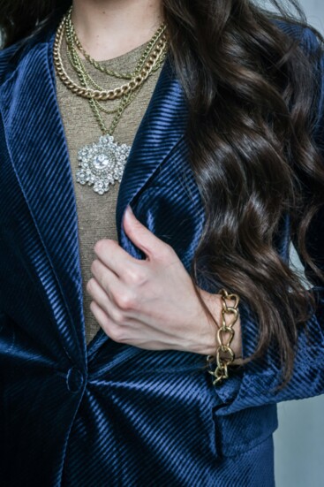 Deep blue textured velour blazer and matching pant from Molly Bracken.