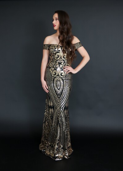 Off the shoulder and contour fit gala sequin maxi dress with sweetheart neckline