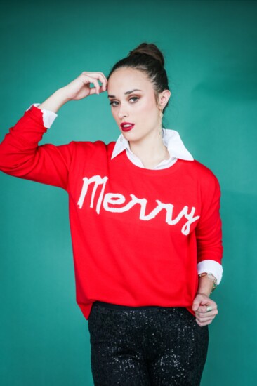 Pull on sequin/lined pant by Yest from the Netherlands. Red “Merry” sentiment sweater by Just Madison with white button down bouse by Lysse’.  Tartan plaid bead