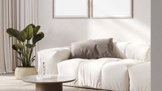 Stylish living room interior featuring Pantone's 2026 color choice, Cloud Dancer.