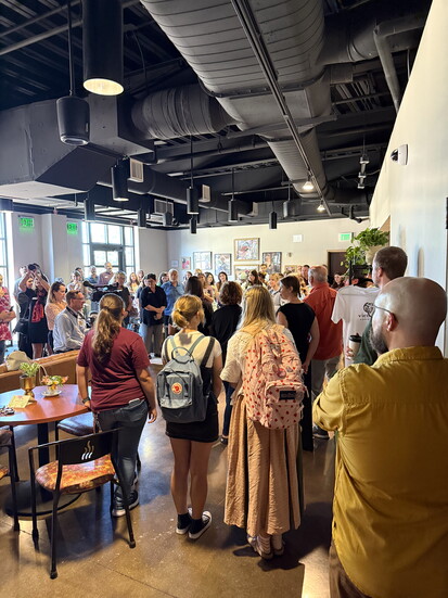 Guests at  Vienna Coffee Shop ribbon-cutting at Clayton Center for the Arts, Maryville College Aug. 22