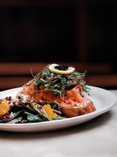 Smoked Salmon Tartine: Sour Toast, Goat Cheese, Smoked Salmon, side of Caviar and side salad at Levure Bakery