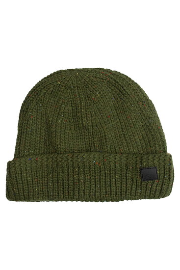 Olive knit beanie crafted with a chunky rib texture & subtle flecks of color for added depth. Warm, versatile, and understated ($45).