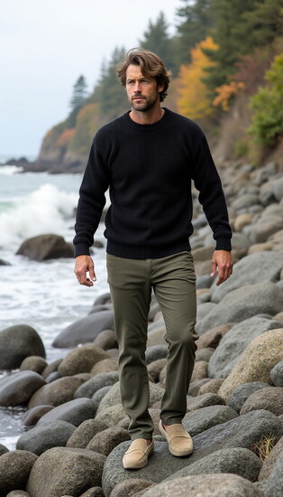Crewneck knit sweater ($145); Cotton twill pants ($218). Suede driving loafers ($189).