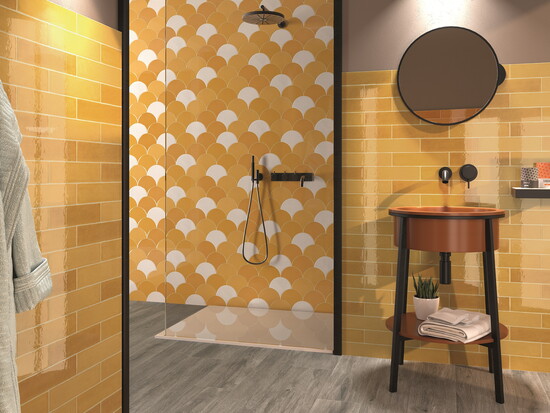 Grace Mustard wall tiles from Porcelain Superstore 